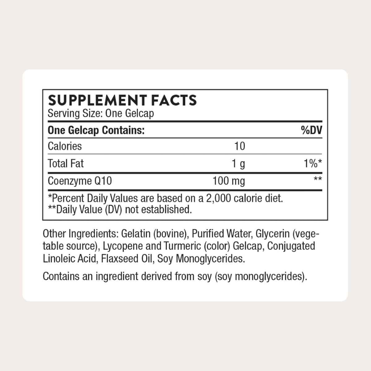 Tabla nutricional del suplemento Thorne Coenzima Q10 60 cápsulas de gel