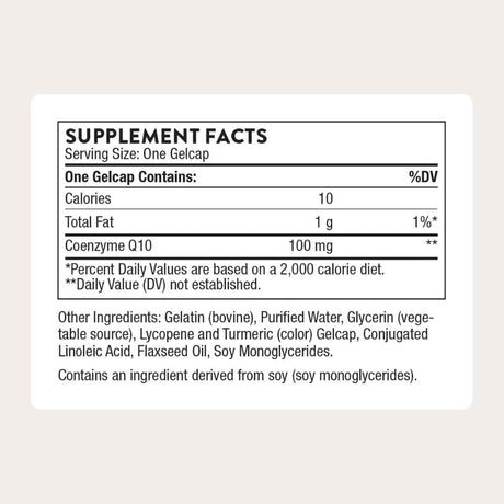 Tabla nutricional del suplemento Thorne Coenzima Q10 60 cápsulas de gel