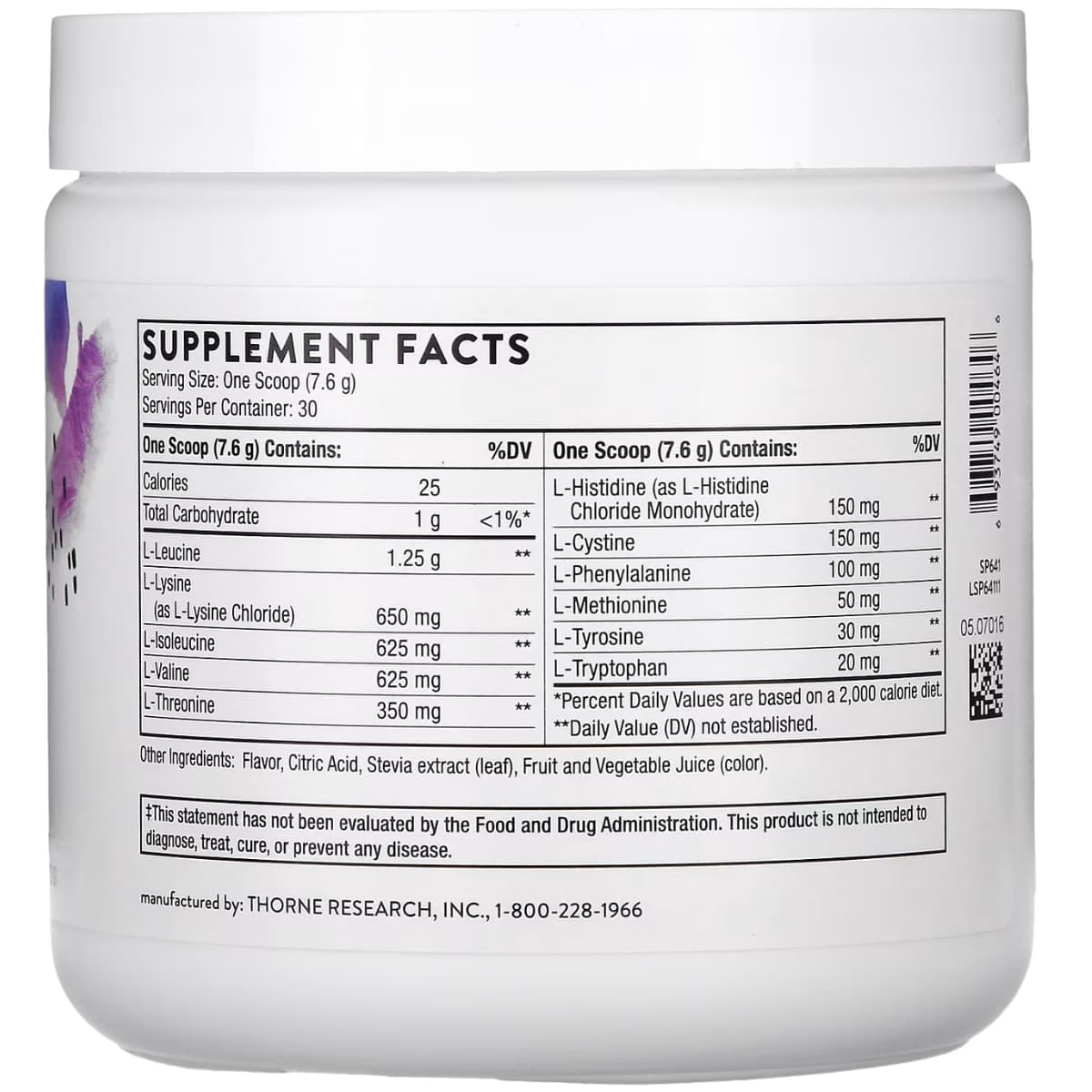 Tabla nutricional del suplemento Thorne Complejo de Aminoácidos sabor bayas 30 porciones polvo