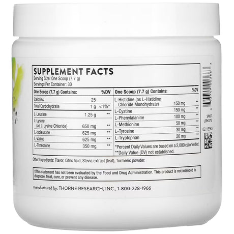 Tabla nutricional del suplemento Thorne Complejo de Aminoácidos sabor limón 30 porciones polvo