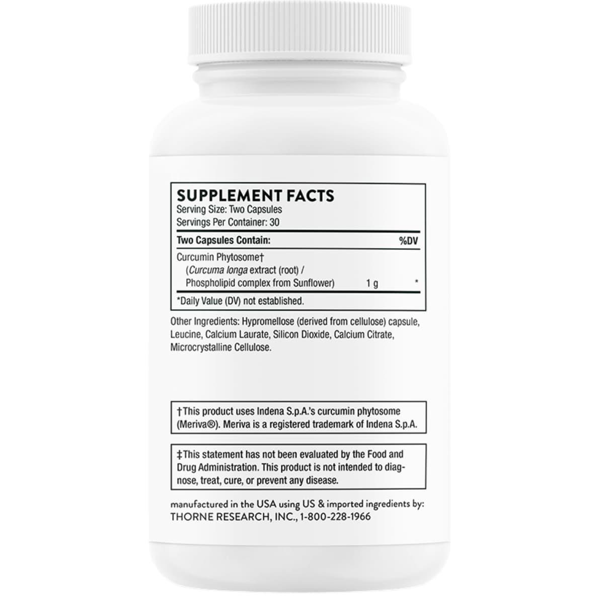 Tabla nutricional del suplemento Thorne Fitosoma de Curcumina 1000 mg 60 cápsulas