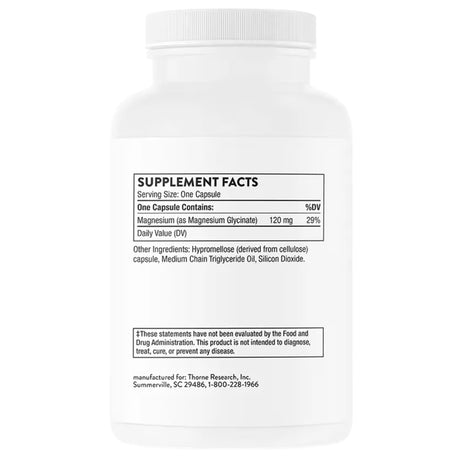 Información del suplemento de THORNE glicinato de magnesio 180 cápsulas con 120 mg de magnesio por cápsula.
