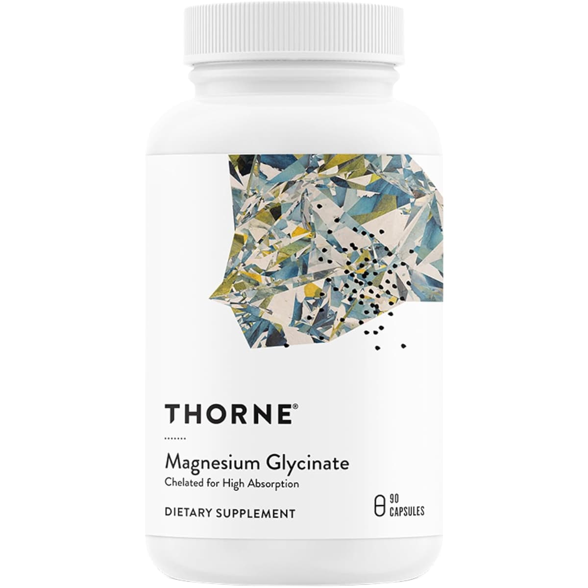 Frasco frontal de THORNE glicinato de magnesio 90 cápsulas.