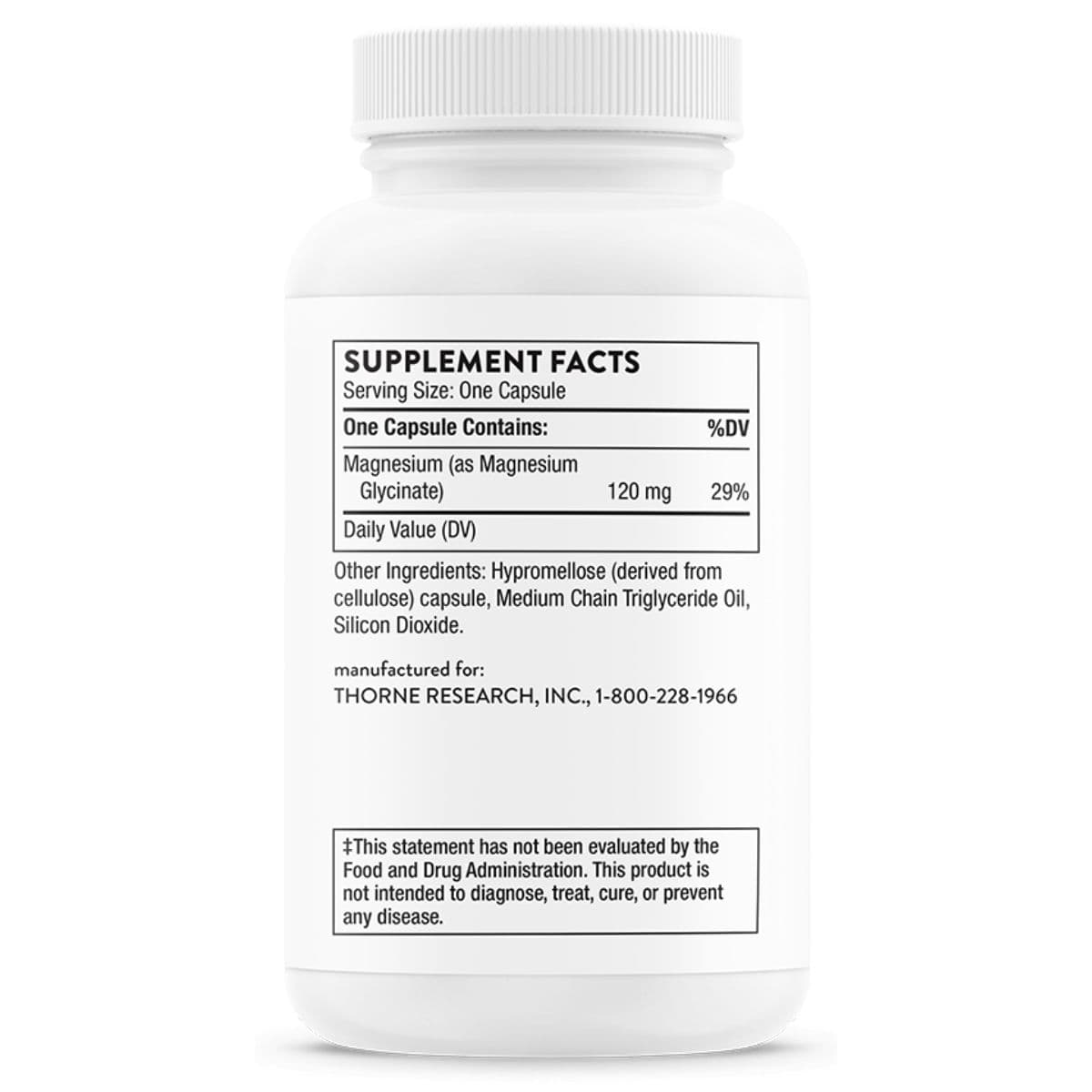 Información del suplemento de THORNE glicinato de magnesio 90 cápsulas con 120 mg de magnesio por cápsula.