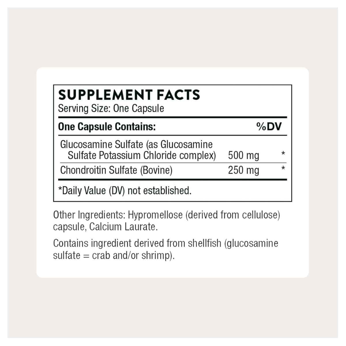 Tabla nutricional del suplemento THORNE Glucosamina y Condroitina 90 cápsulas