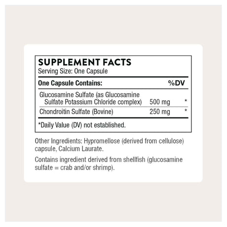 Tabla nutricional del suplemento THORNE Glucosamina y Condroitina 90 cápsulas