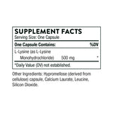 Tabla nutricional del suplemento Thorne L-Lisina 500 mg 60 cápsulas