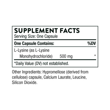 Tabla nutricional del suplemento Thorne L-Lisina 500 mg 60 cápsulas