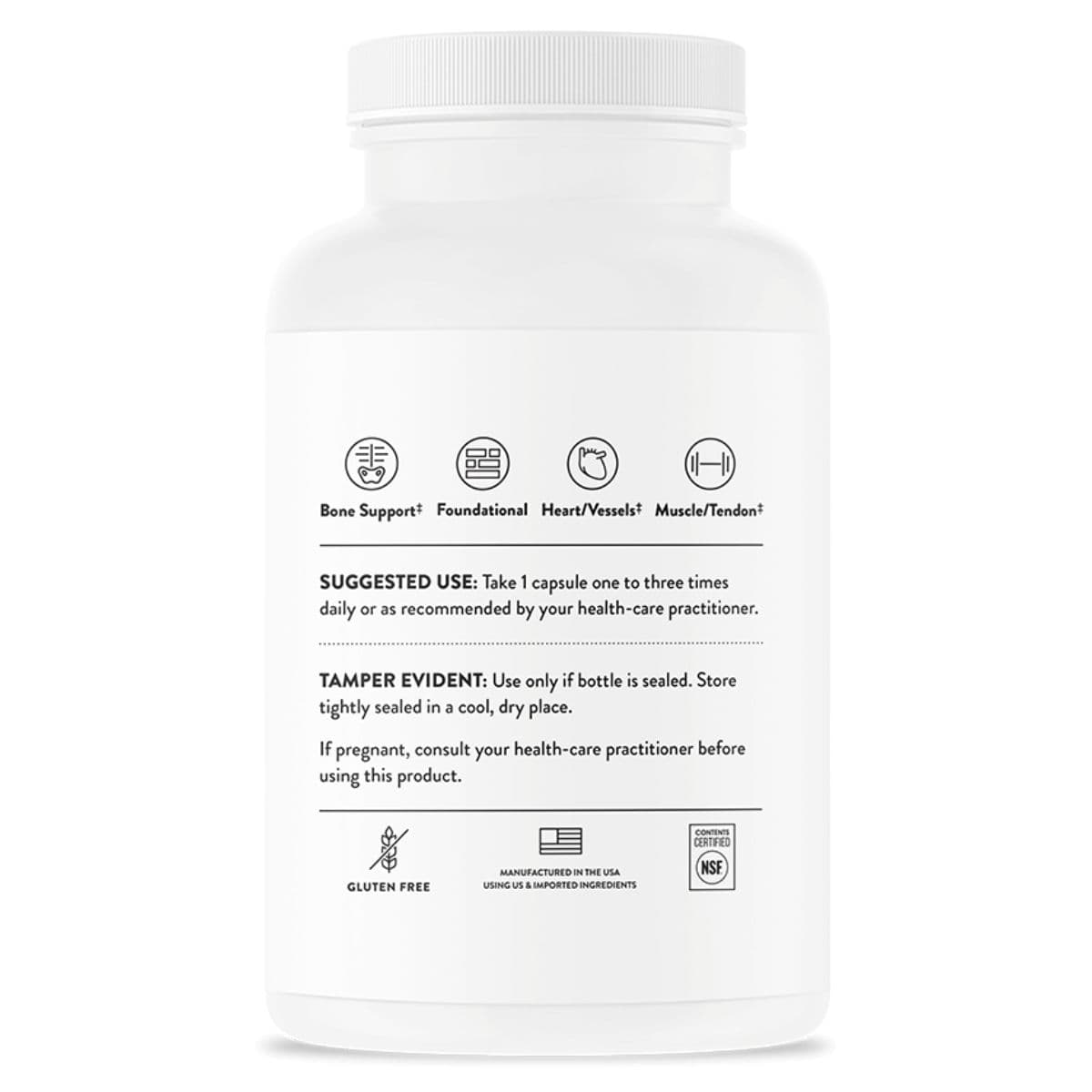 Etiqueta posterior de THORNE Magnesio CitraMate con modo de uso sugerido, advertencias y sellos del producto.