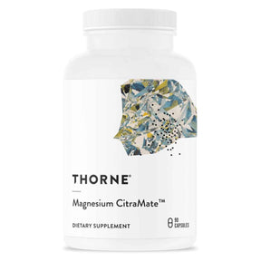 Frasco frontal de THORNE Magnesio CitraMate, presentación de 90 cápsulas.