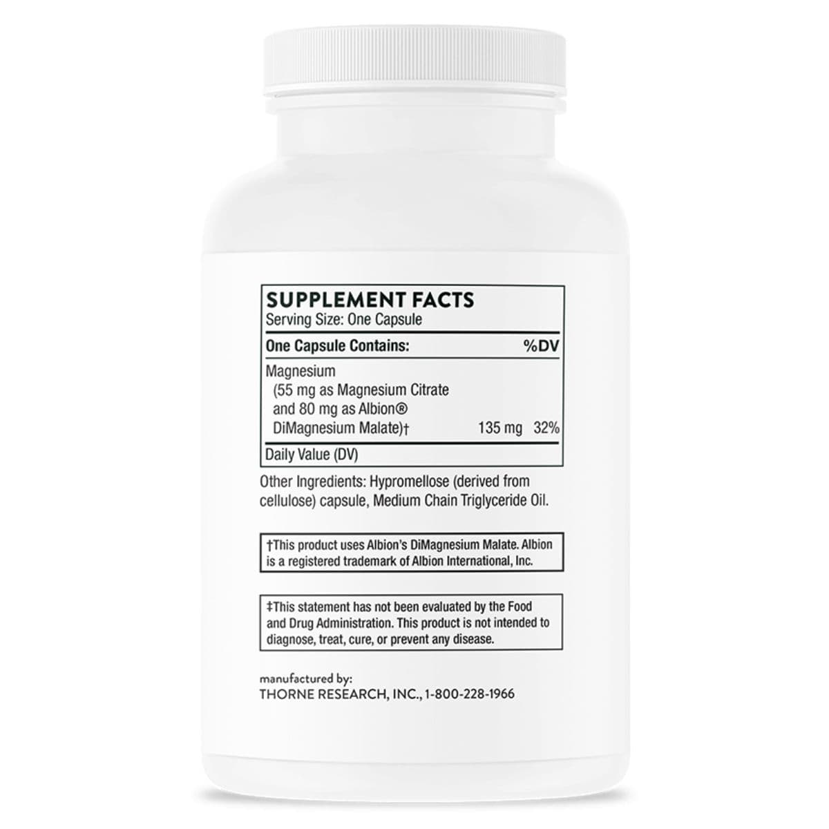 Etiqueta posterior de THORNE Magnesio CitraMate con información del suplemento y otros ingredientes.