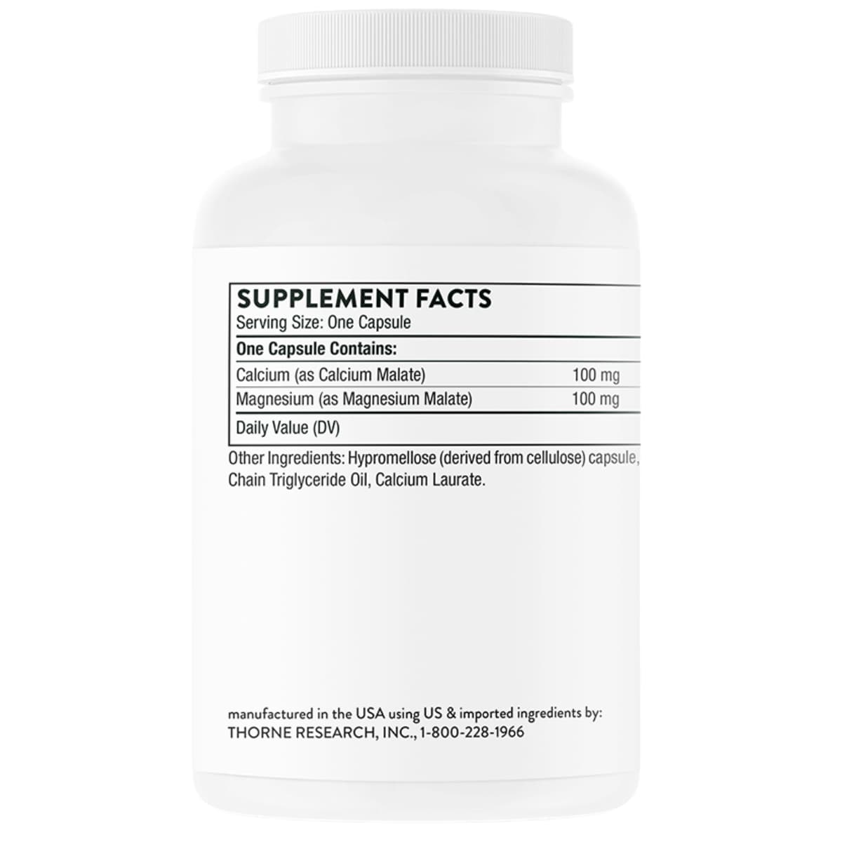 Información del suplemento de THORNE malato de calcio y magnesio 240 cápsulas con 100 mg de calcio y 100 mg de magnesio por cápsula.