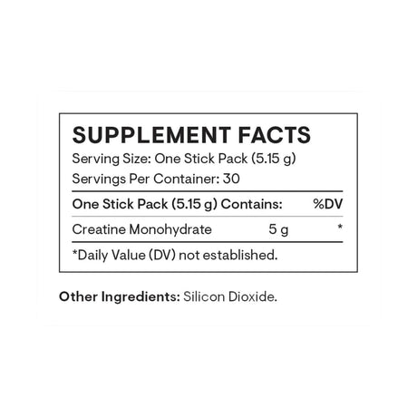 Tabla nutricional del suplemento Thorne Monohidrato de Creatina sin sabor 30 paquetes individuales
