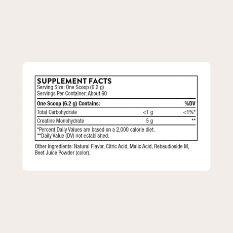 Tabla nutricional del suplemento Thorne Monohidrato de Creatina sabor Fresa 372 g
