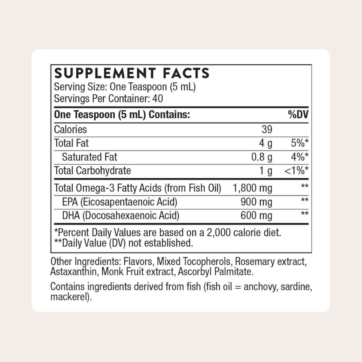 Información del suplemento THORNE Omega Superb EPA DHA líquido 200 ml