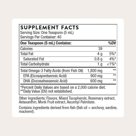 Información del suplemento THORNE Omega Superb EPA DHA líquido 200 ml
