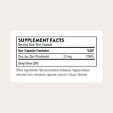 Tabla nutricional del suplemento Thorne Picolinato de Zinc 15 mg 60 cápsulas