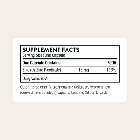 Tabla nutricional del suplemento Thorne Picolinato de Zinc 15 mg 60 cápsulas