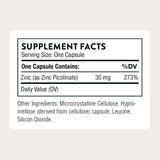 Tabla nutricional del suplemento Thorne Picolinato de Zinc 30 mg 180 cápsulas