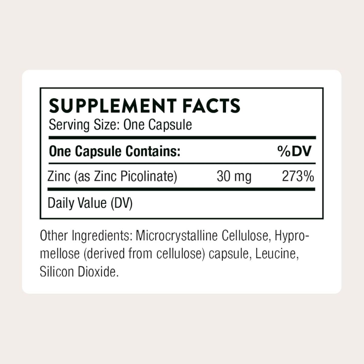 Tabla nutricional del suplemento Thorne Picolinato de Zinc 30 mg 60 cápsulas