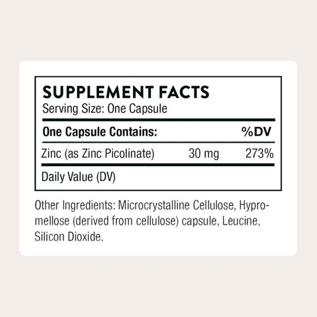Tabla nutricional del suplemento Thorne Picolinato de Zinc 30 mg 60 cápsulas