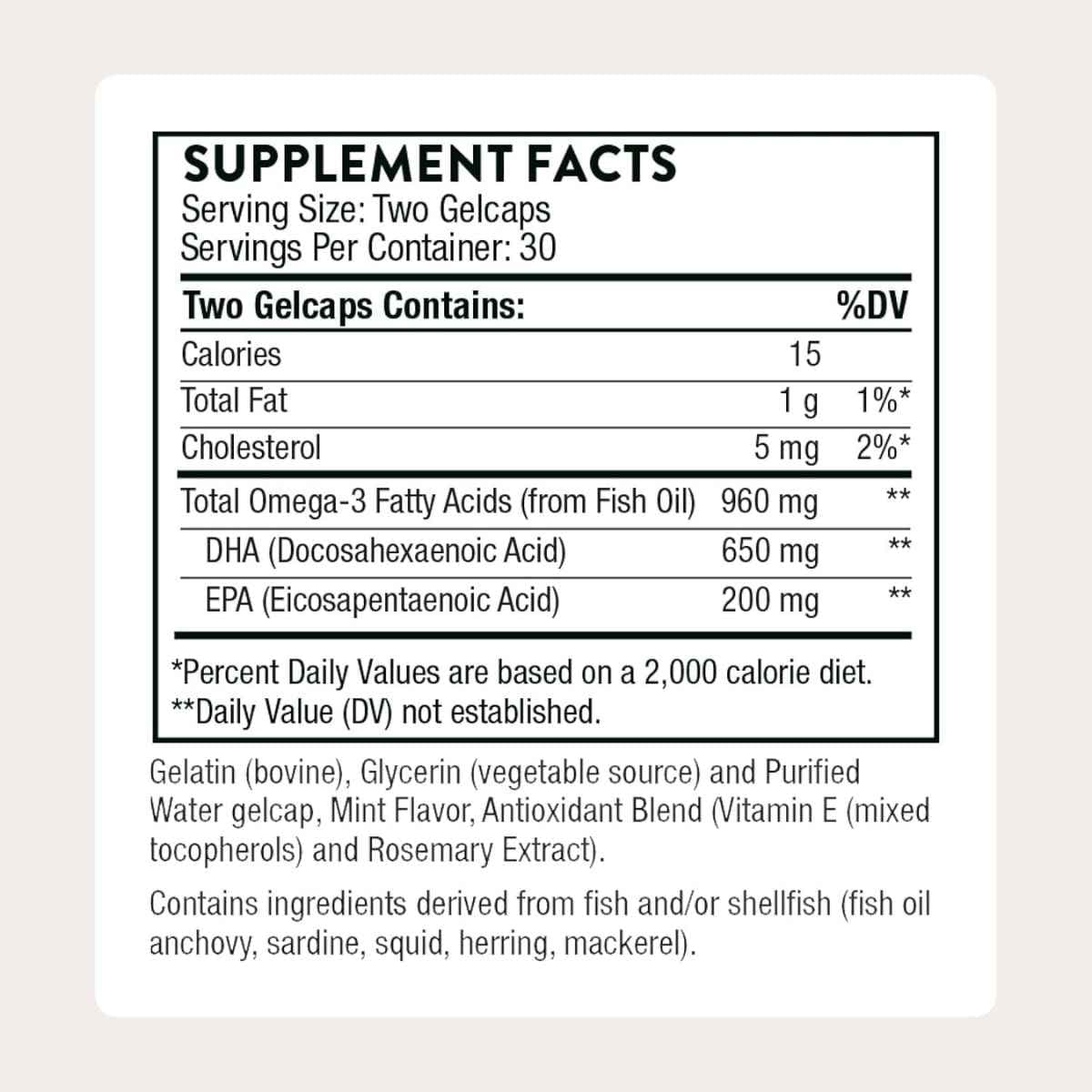 Información del suplemento THORNE Prenatal DHA 650 mg DHA 200 mg EPA