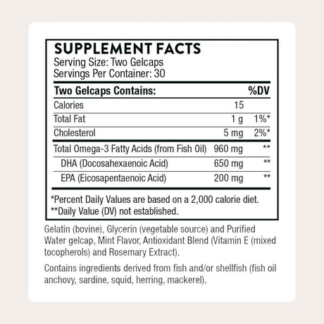 Información del suplemento THORNE Prenatal DHA 650 mg DHA 200 mg EPA