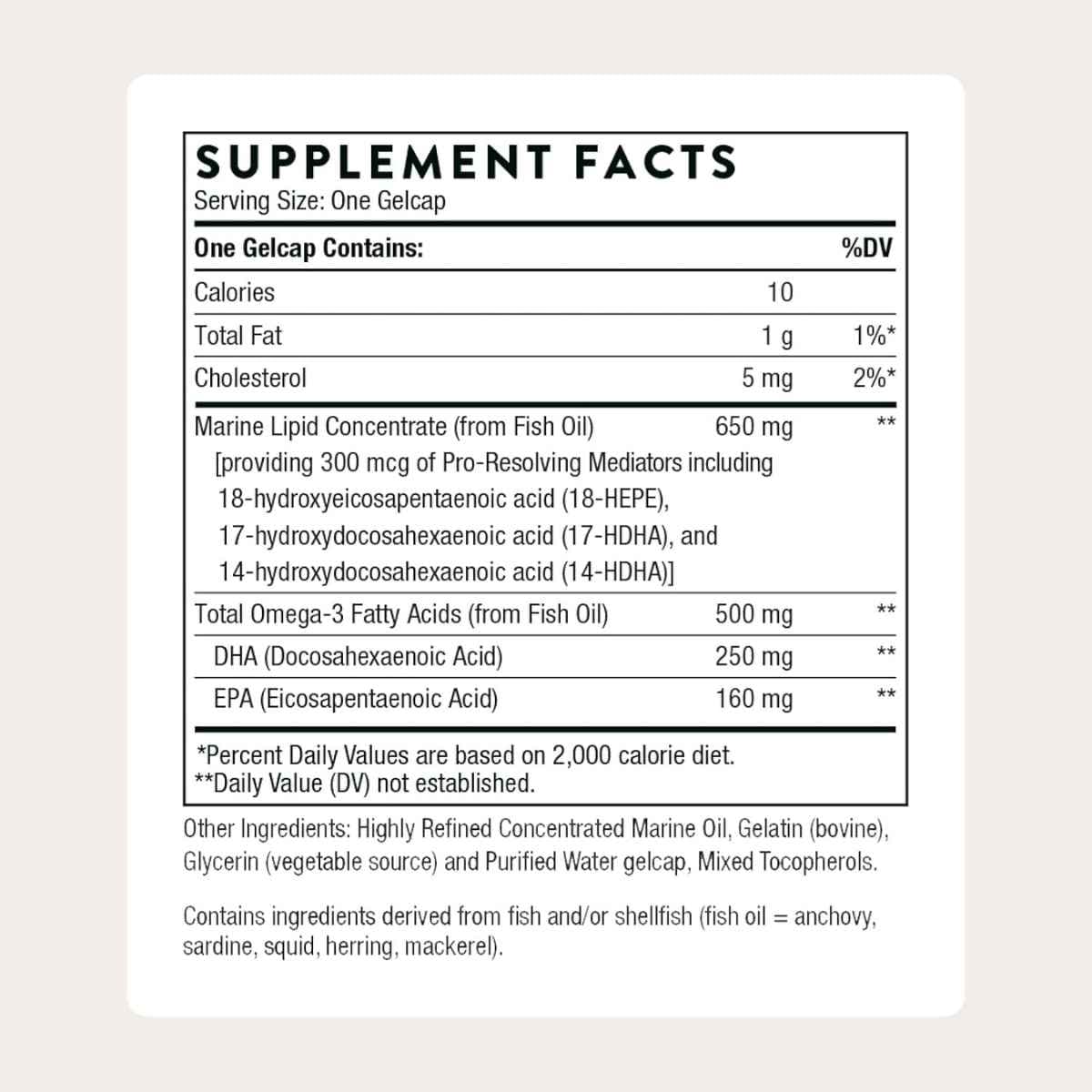 Información del suplemento THORNE Pro-Resolving Mediators omega 3 DHA EPA