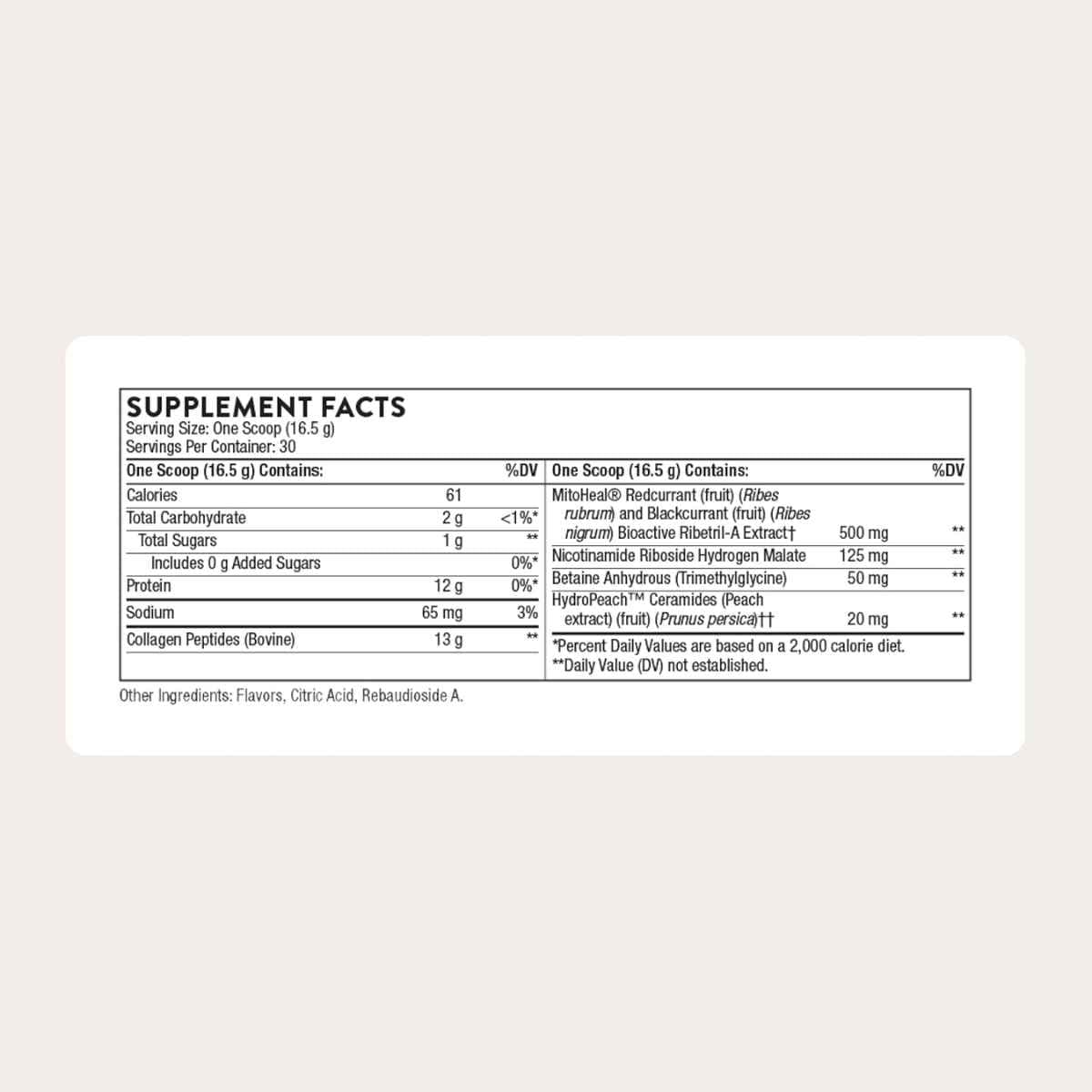 Tabla nutricional del suplemento THORNE RESEARCH Colágeno Plus Sabor Baya de la Pasión 495 g polvo