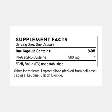 Tabla nutricional del suplemento Thorne Research N-Acetilcisteína 90 cápsulas