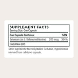Tabla nutricional del suplemento Thorne Research Selenio 200 mcg 60 cápsulas