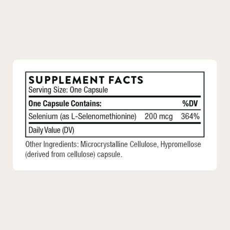 Tabla nutricional del suplemento Thorne Research Selenio 200 mcg 60 cápsulas