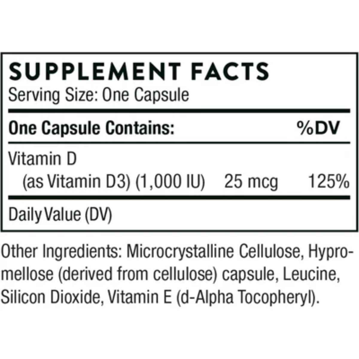 Tabla nutricional del suplemento Thorne Research Vitamina D3 1000 IU 90 cápsulas