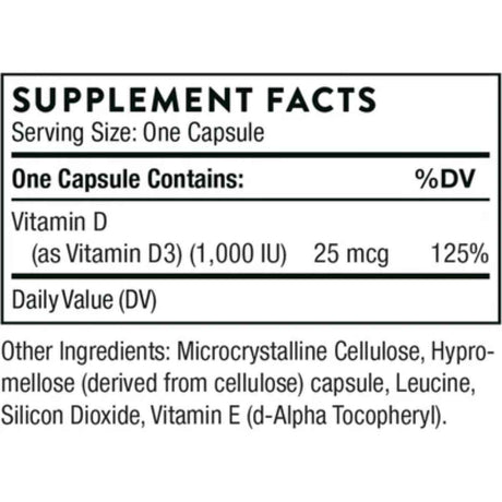 Tabla nutricional del suplemento Thorne Research Vitamina D3 1000 IU 90 cápsulas