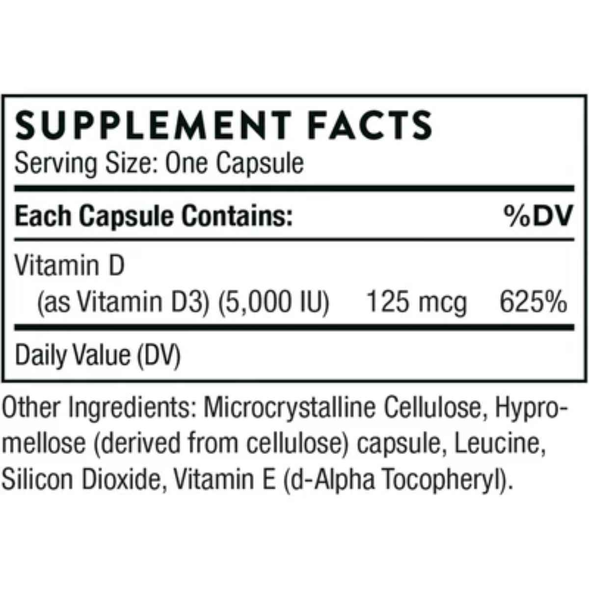 Tabla nutricional del suplemento Thorne Research Vitamina D3 5000 IU 60 cápsulas