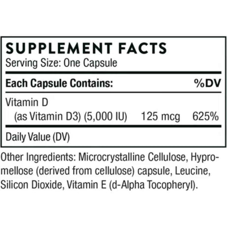 Tabla nutricional del suplemento Thorne Research Vitamina D3 5000 IU 60 cápsulas