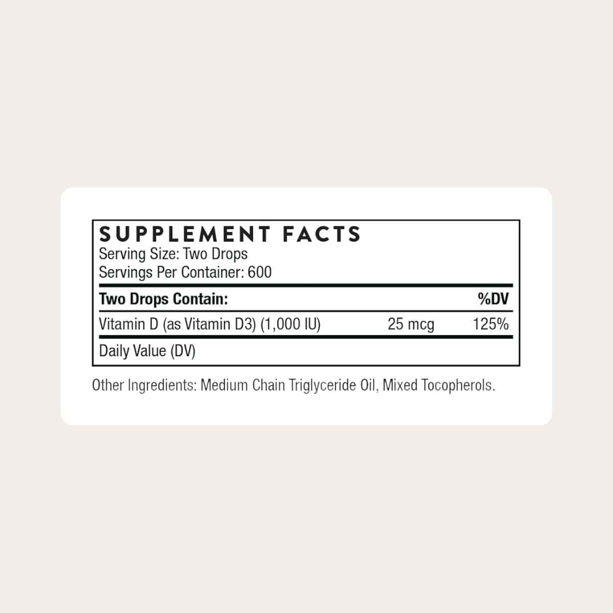 Tabla nutricional del suplemento Thorne Vitamina D3 30 ml