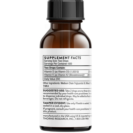 Tabla nutricional del suplemento Thorne Vitamina D3 + K2 30 ml