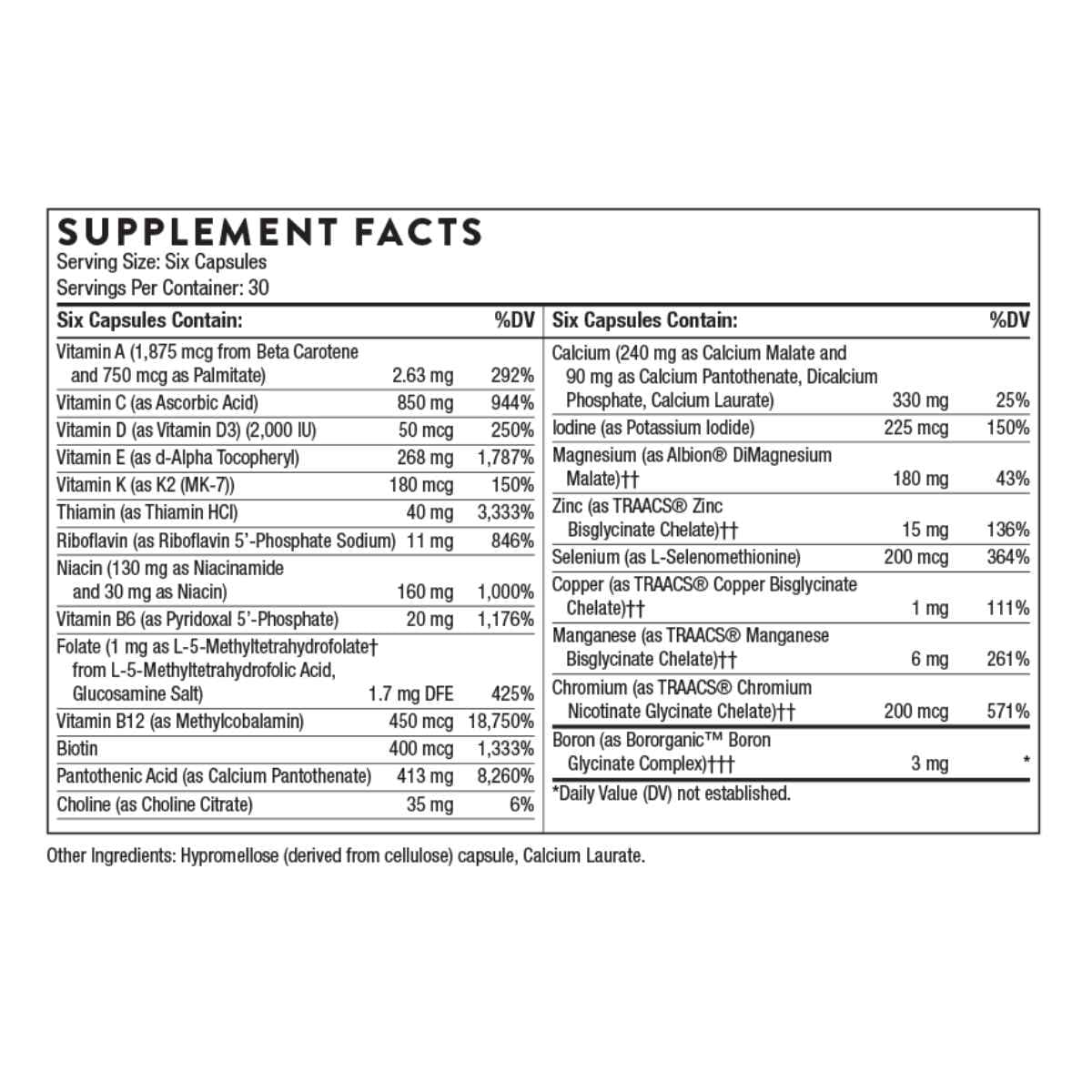 Tabla nutricional del suplemento Thorne Women's Multi 50+ 180 cápsulas