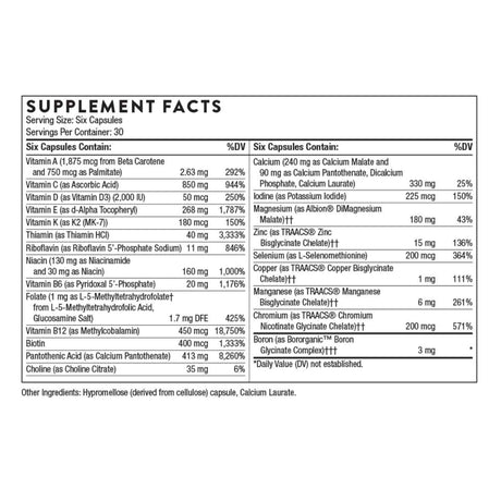 Tabla nutricional del suplemento Thorne Women's Multi 50+ 180 cápsulas