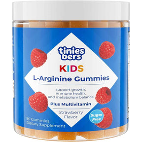 Tinies bers Kids L-Arginina 1000 mg con multivitamínico, frasco de 90 gomitas sabor fresa, vista frontal