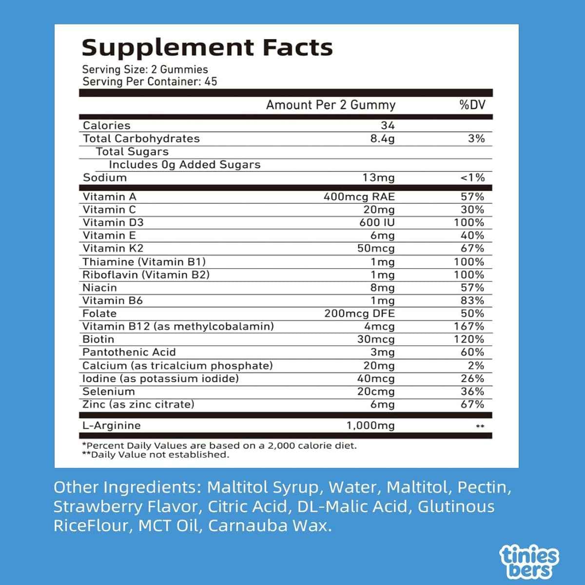 Tabla nutricional Supplement Facts de Tinies bers Kids L-Arginina: 1000 mg por 2 gomitas, vitaminas y minerales