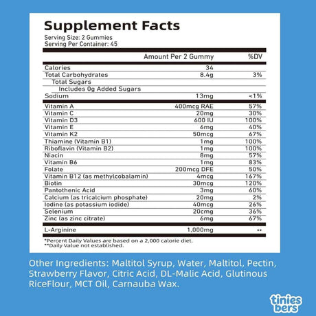 Tabla nutricional Supplement Facts de Tinies bers Kids L-Arginina: 1000 mg por 2 gomitas, vitaminas y minerales