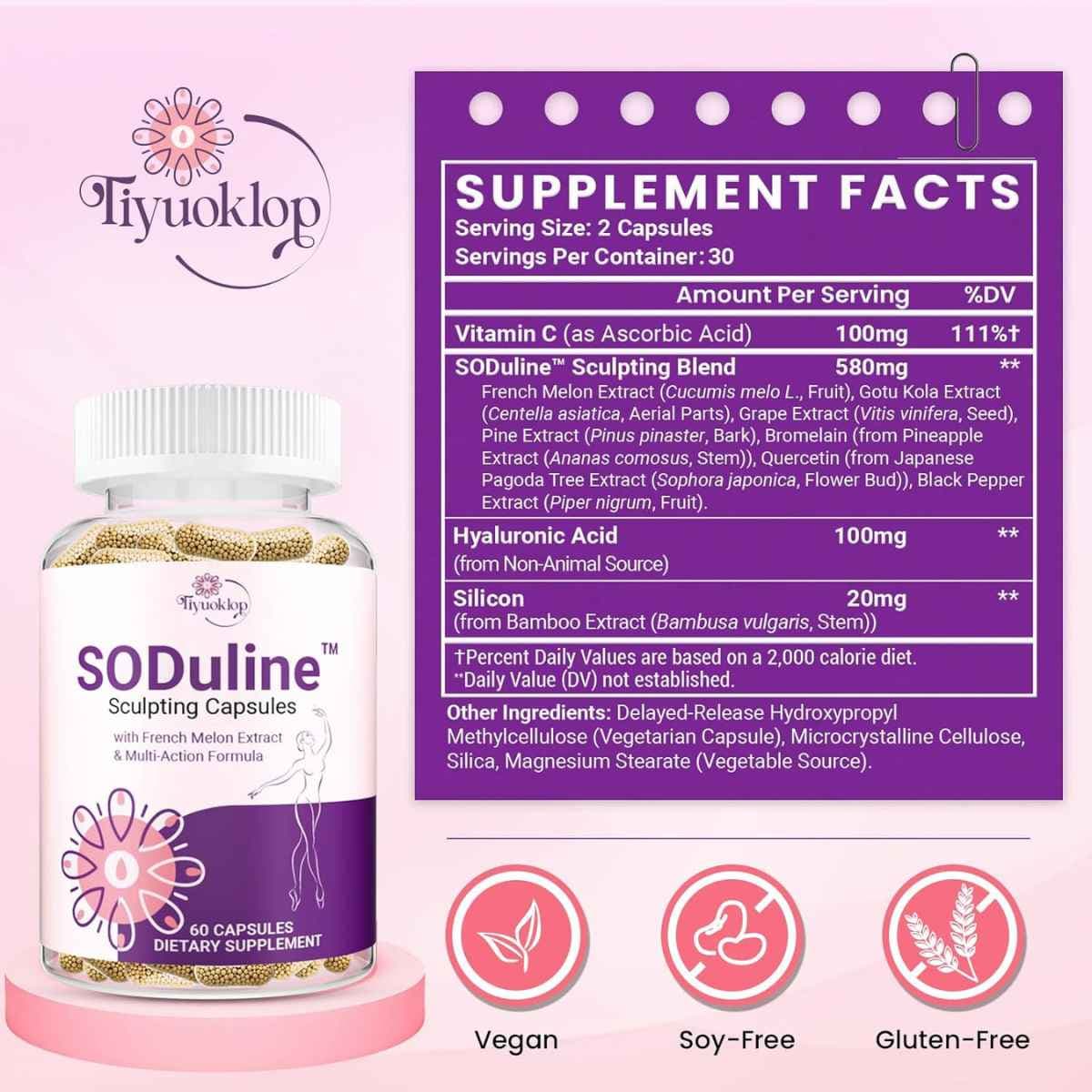 Etiqueta de Tiyuoklop SODuline con vitamina C, ácido hialurónico, silicio y mezcla de extractos vegetales