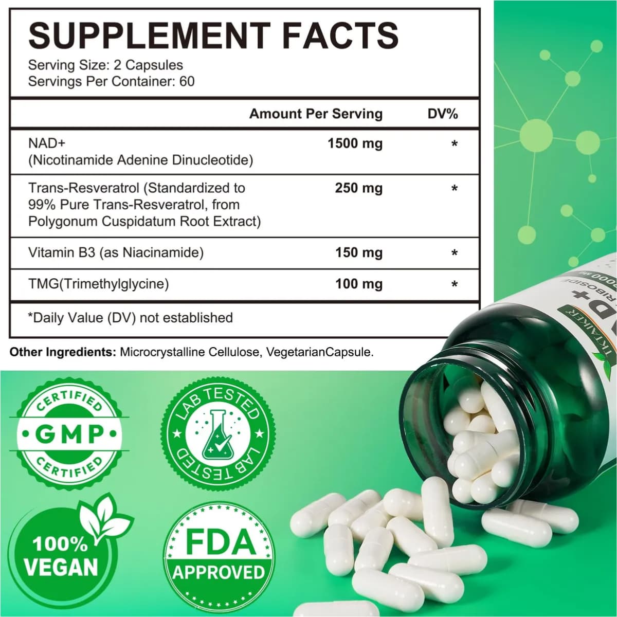 Tabla nutricional del suplemento TKTAIKER NAD+ 2000 mg 120 cápsulas