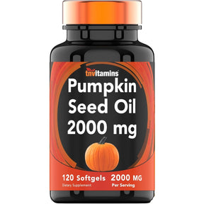 Frasco de suplemento tnvitamins Aceite de Semilla de Calabaza 120 cápsulas blandas
