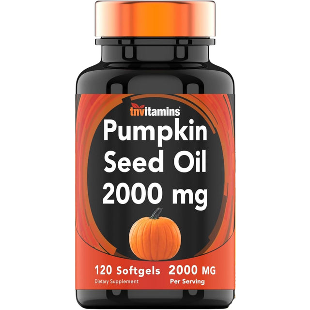 Frasco de suplemento tnvitamins Aceite de Semilla de Calabaza 120 cápsulas blandas