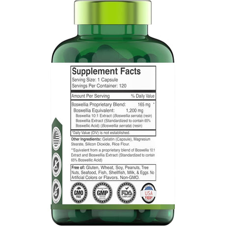 Tabla nutricional del suplemento TNVitamins Boswellia Serrata 1200 mg 120 cápsulas