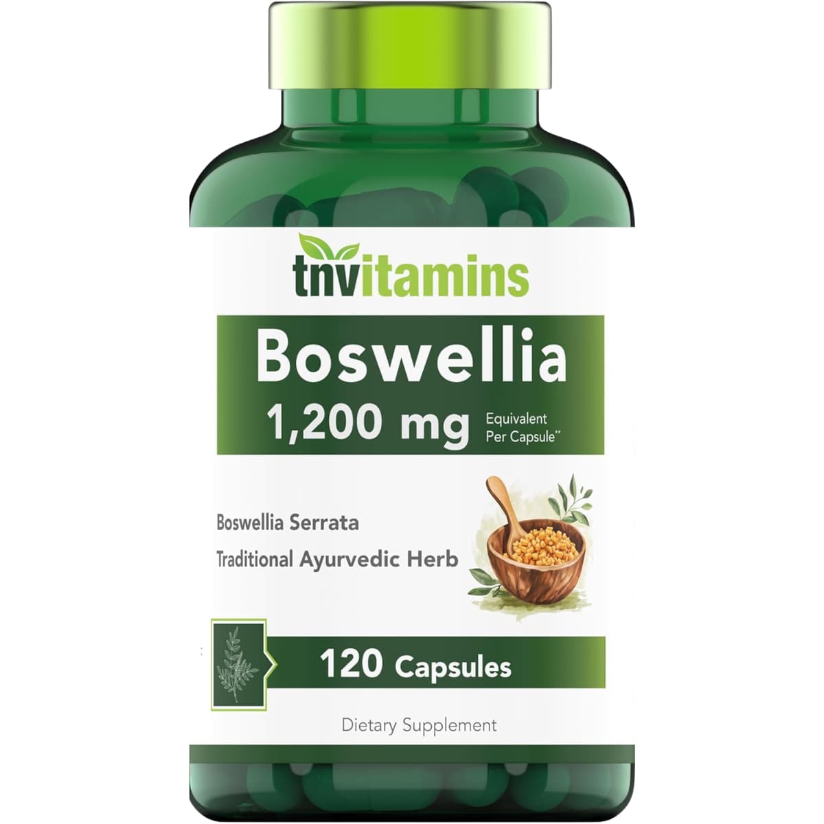 Frasco de suplemento TNVitamins Boswellia Serrata 1200 mg 120 cápsulas