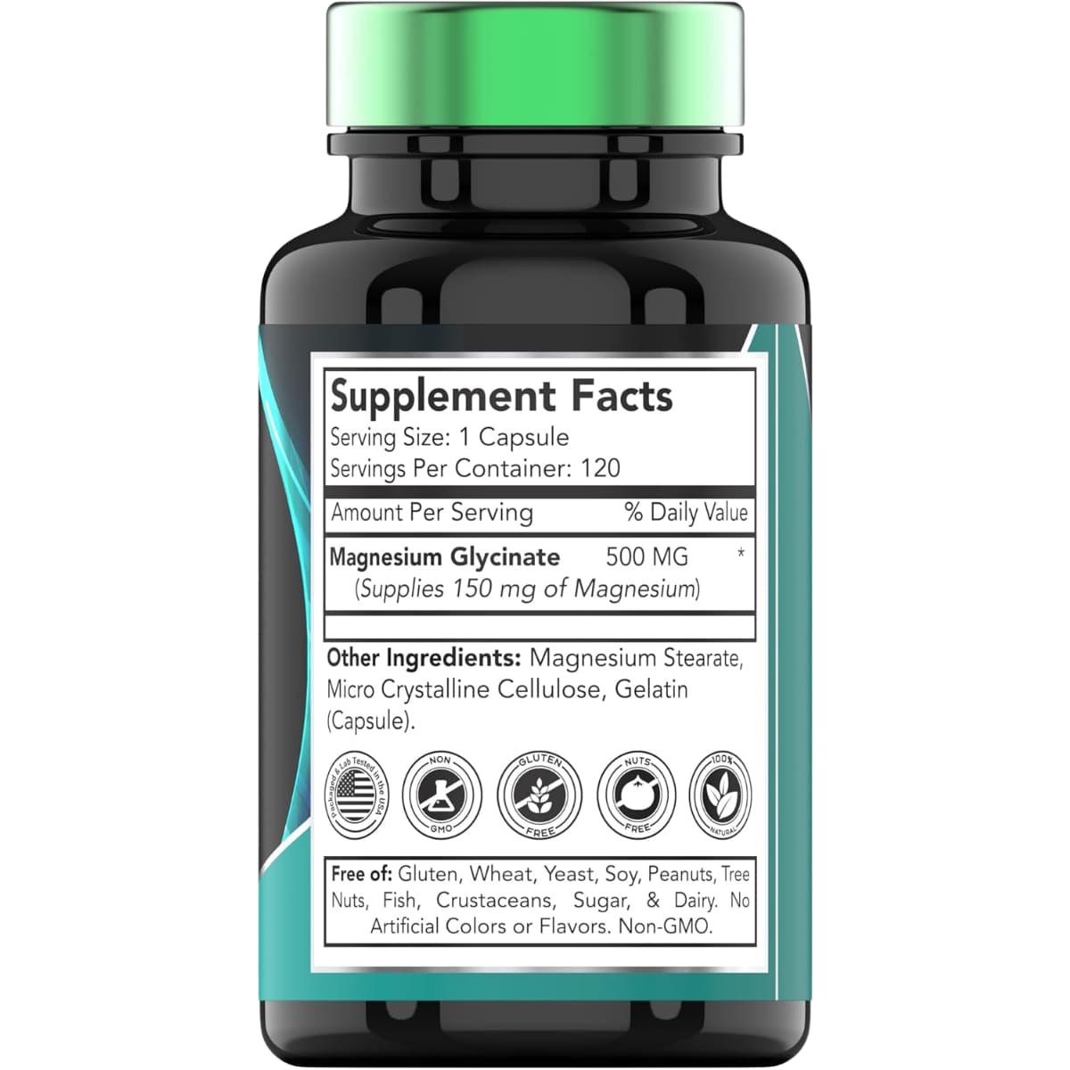 Tabla nutricional del suplemento tnvitamins Glicinato de Magnesio 500 mg 120 cápsulas